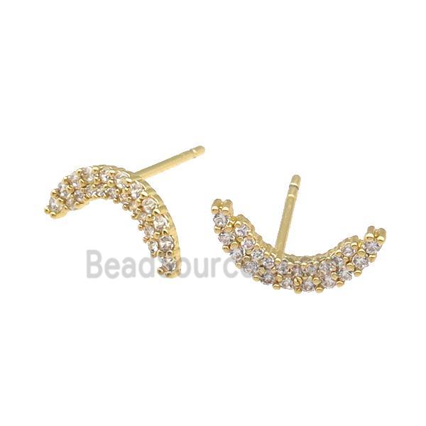 copper Stud Earring paved zircon, moon, gold plated