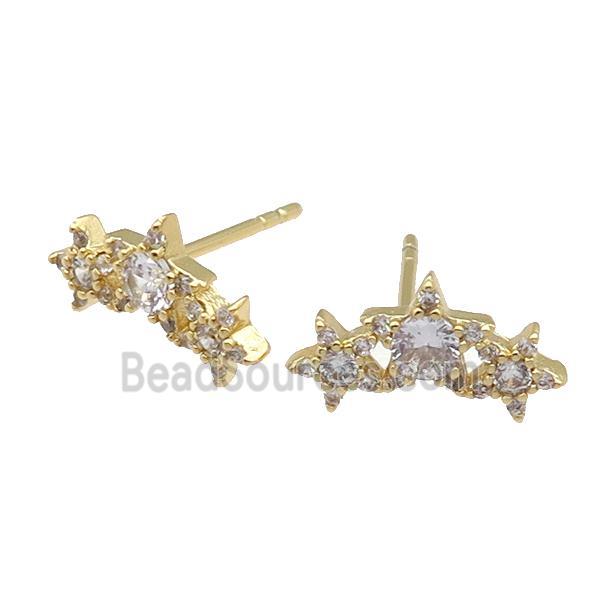 copper Stud Earring paved zircon, star, gold plated