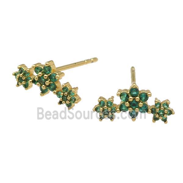 copper Stud Earring paved green zircon, flower, gold plated