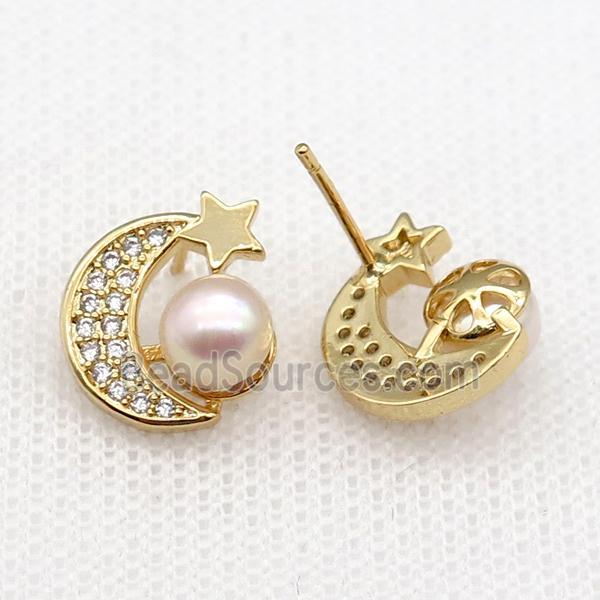 copper moon Stud Earring paved zircon with pearlized shell, gold plated