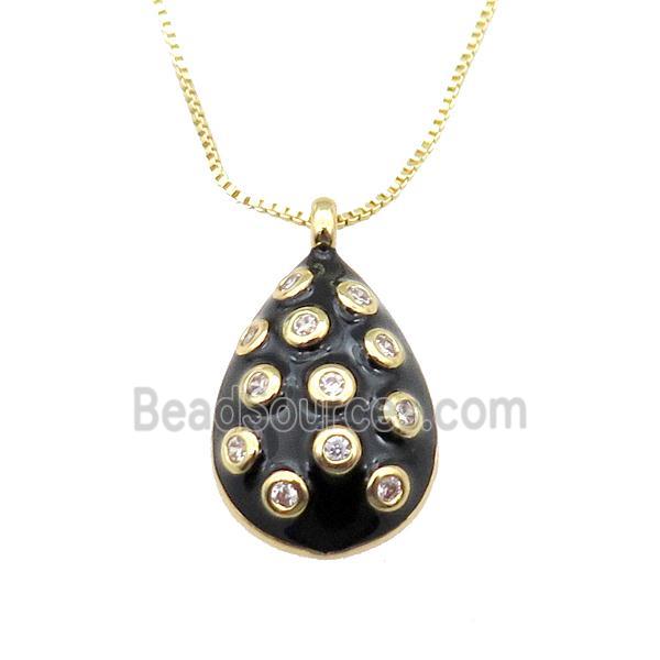 copper Necklace with teardrop paved zircon, black enamel, gold plated