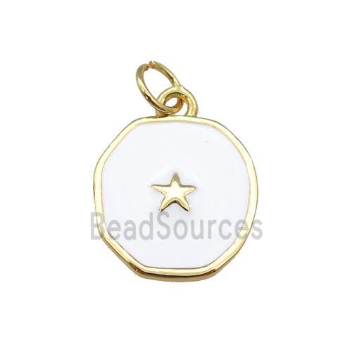 copper circle pendant with white enamel, star, gold plated