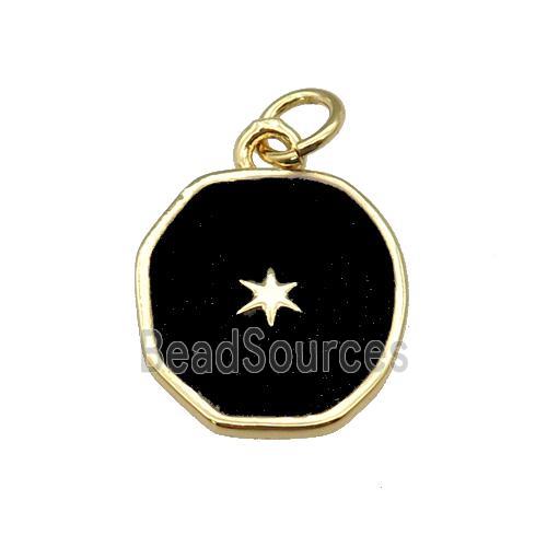 copper circle pendant with black enamel, star, gold plated