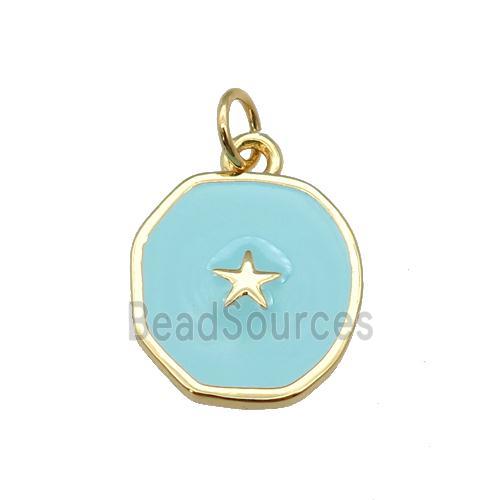 copper circle pendant with teal enamel, star, gold plated