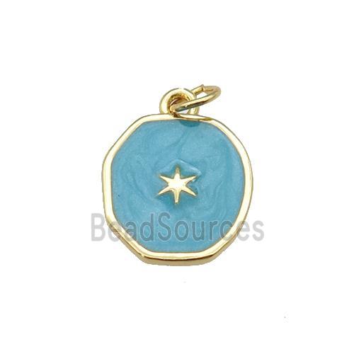 copper circle pendant with deepgreen enamel, star, gold plated