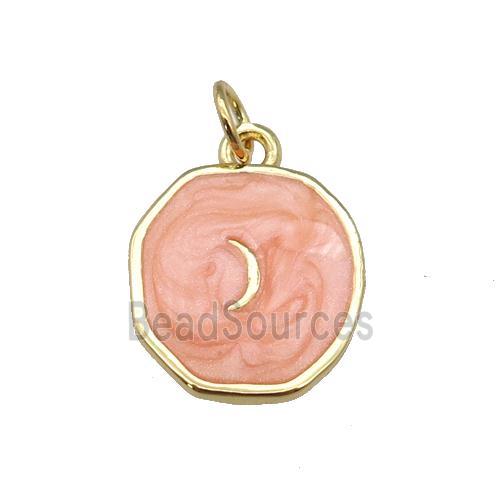 copper circle pendant with peach enamel, moon, gold plated