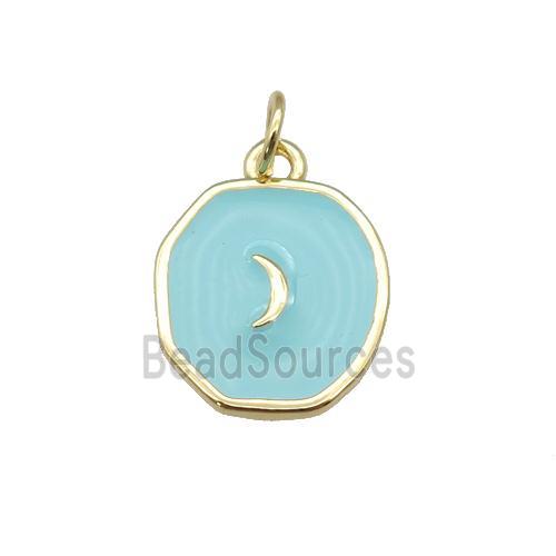 copper circle pendant with teal enamel, moon, gold plated