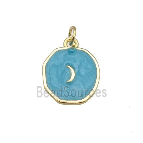 copper circle pendant with deepgreen enamel, moon, gold plated