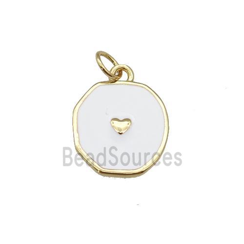 copper circle pendant with white enamel, heart, gold plated