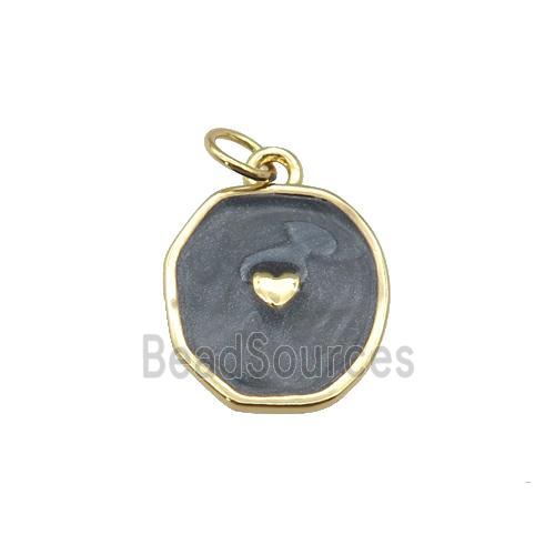 copper circle pendant with black enamel, heart, gold plated