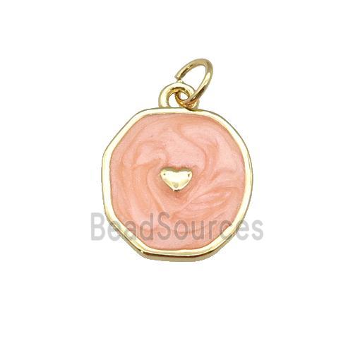 copper circle pendant with peach enamel, heart, gold plated