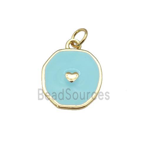 copper circle pendant with teal enamel, heart, gold plated