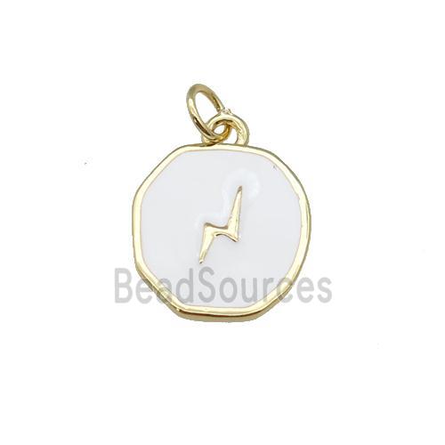 copper circle pendant with white enamel, lightning, gold plated