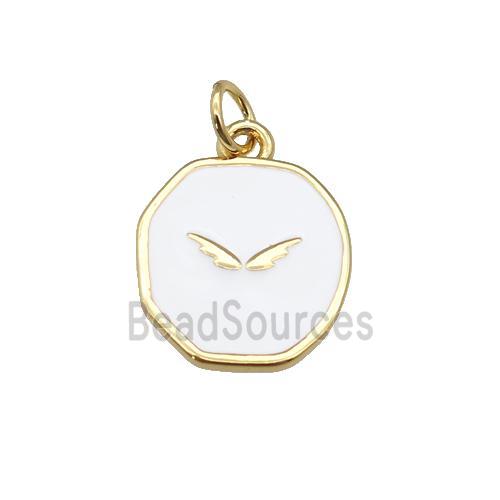 copper circle pendant with white enamel, wing, gold plated