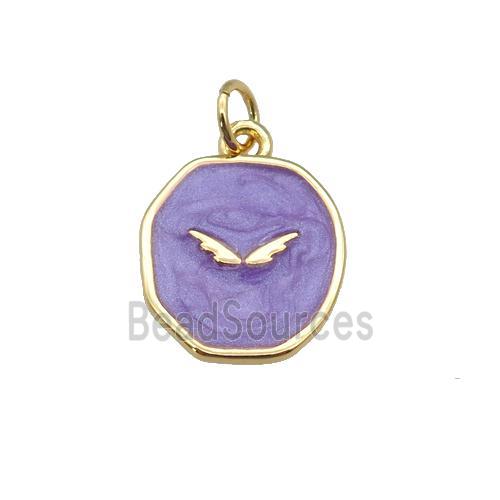 copper circle pendant with purple enamel, wing, gold plated