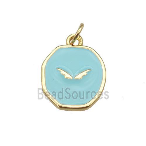 copper circle pendant with teal enamel, wing, gold plated