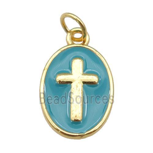 copper oval pendant with teal enamel, cross, gold plated