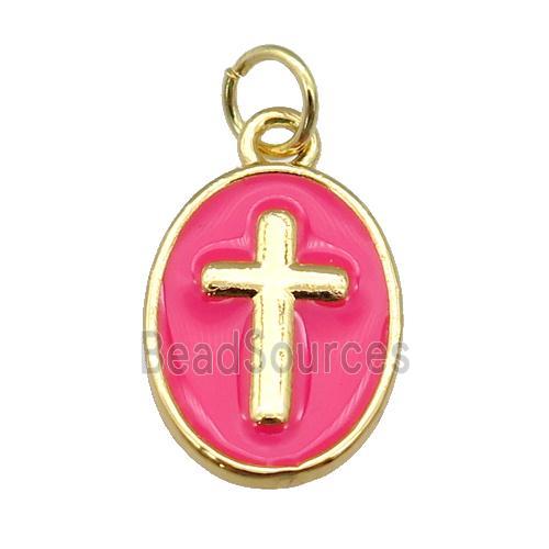 copper oval pendant with hotpink enamel, cross, gold plated