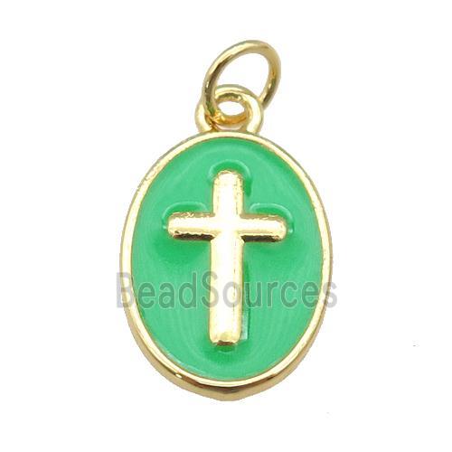 copper oval pendant with green enamel, cross, gold plated