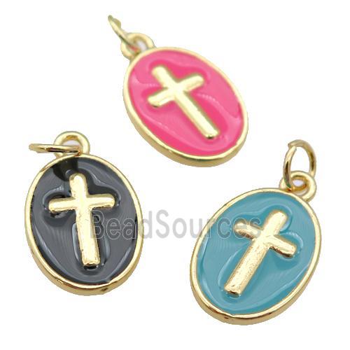 copper oval pendant with enamel, cross, gold plated, mixed