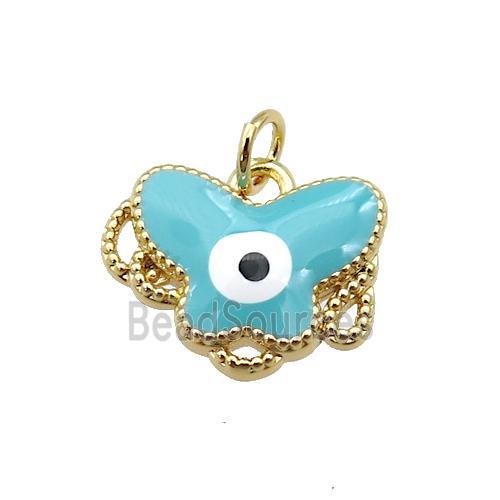 copper Butterfly pendant with teal enamel, evil eye, gold plated