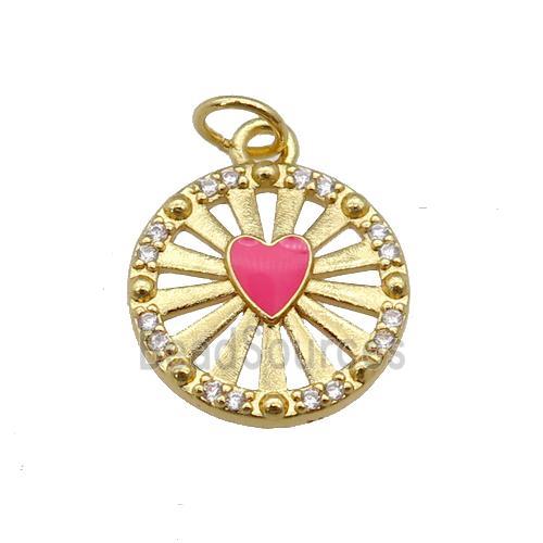 copper circle pendant paved zircon with hotpink enamel heart, gold plated