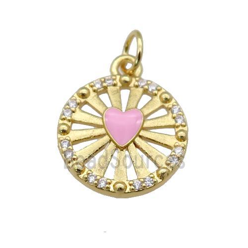 copper circle pendant paved zircon with pink enamel heart, gold plated