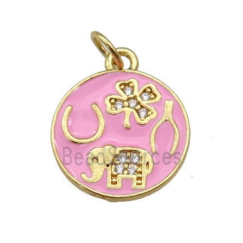 copper circle pendant paved zircon with pink enamel, elephant, clover, gold plated