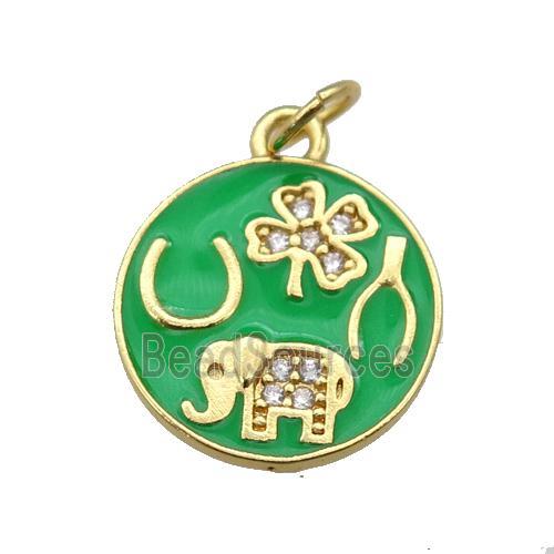 copper circle pendant paved zircon with green enamel, elephant, clover, gold plated