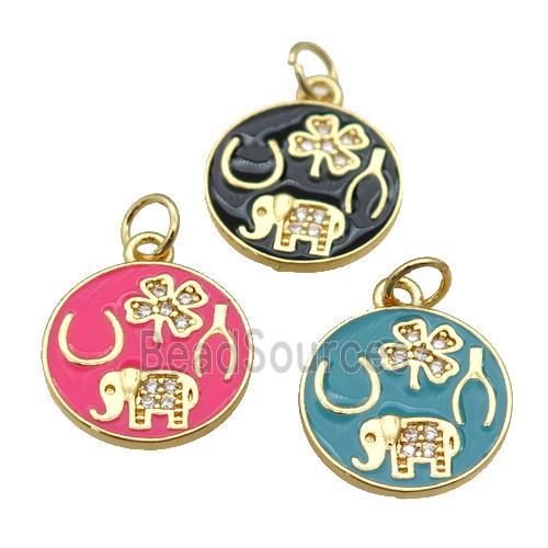 copper circle pendant paved zircon with enamel, elephant, clover, gold plated, mixed