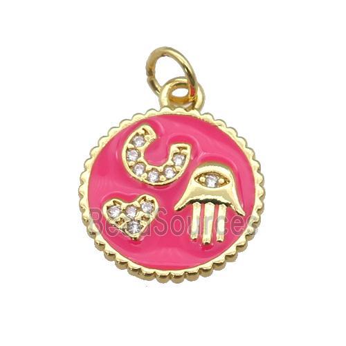 copper circle pendant paved zircon with hotpink enamel, hand, heart, gold plated