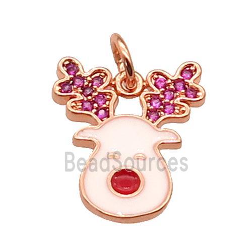 copper Christmas Reindeer Charms pendant paved zircon with white enamel, rose gold