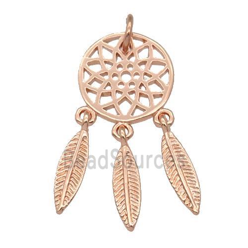 copper Dream Catcher pendant, feathers, rose gold