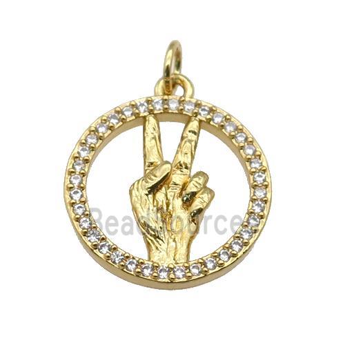 copper circle pendant paved zircon, hand gesture, gold plated