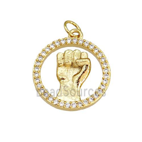 copper circle pendant paved zircon, hand gesture, gold plated