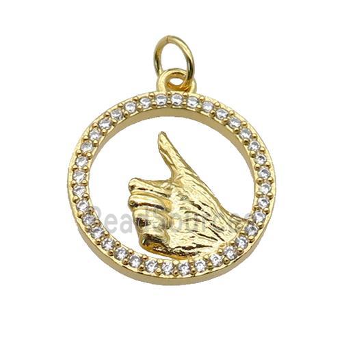 copper circle pendant paved zircon, hand gesture, gold plated