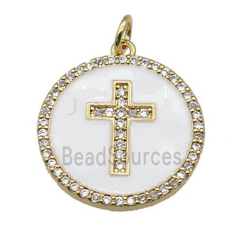 copper circle Cross pendant paved zircon, white enamel, gold plated