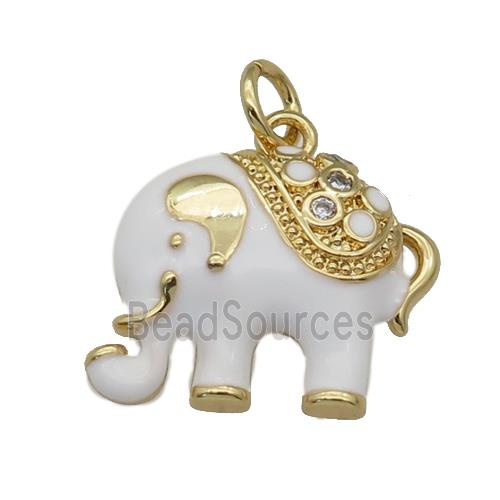 copper Elephant pendant paved zircon, white enamel, gold plated