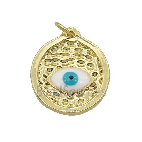 copper circle pendant with white enamel Evil Eye, gold plated