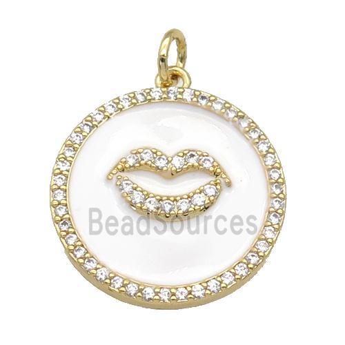 copper circle Lip pendant paved zircon, white enamel, gold plated