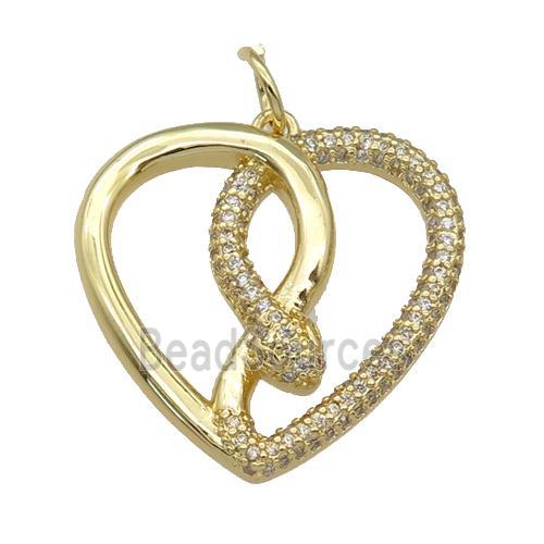 copper Heart pendant paved zircon, snake, gold plated