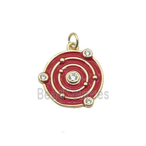 copper circle pendant with red enamel, planet, gold plated