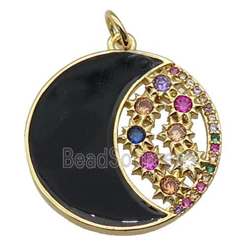 copper circle Moon pendant paved zircon with black enamel, gold plated