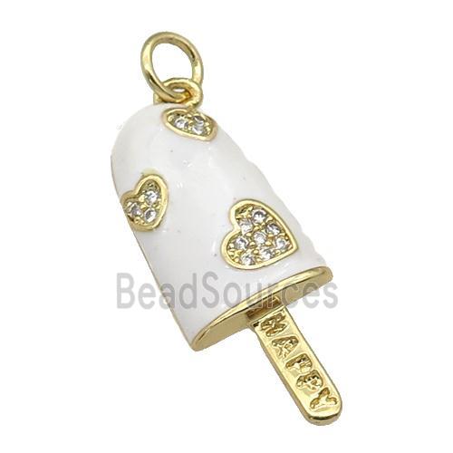 copper Icecream charm pendant paved zircon, white enamel, gold plated