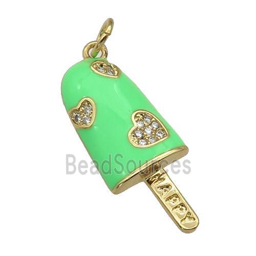 copper Icecream charm pendant paved zircon, green enamel, gold plated