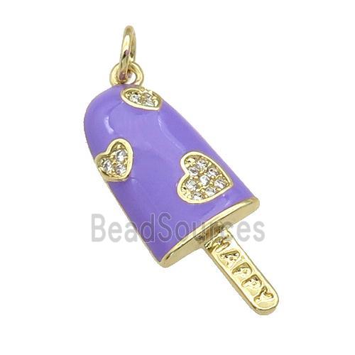 copper Icecream charm pendant paved zircon, lavender enamel, gold plated