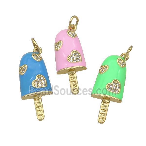 copper Icecream charm pendant paved zircon, enamel, gold plated, mixed