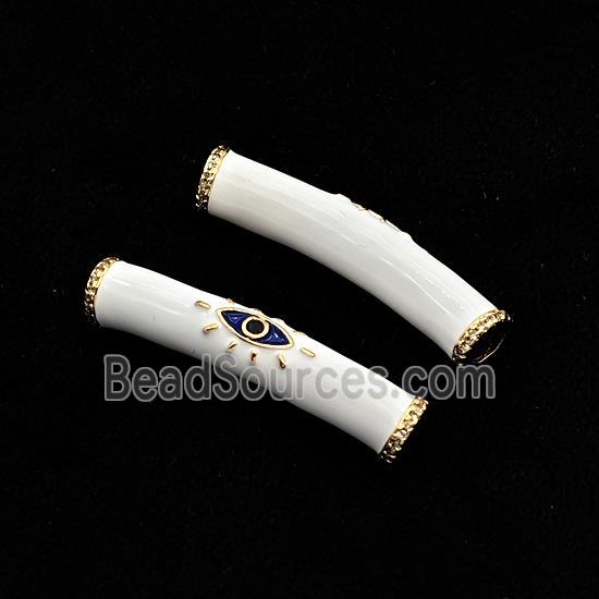 copper curved tube beads with white enamel, eye, gold plated