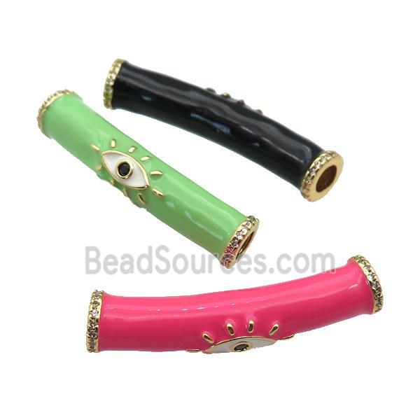 copper curved tube beads with enamel, eye, gold plated, mixed