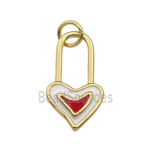 copper Heart Lock pendant with white enamel, gold plated